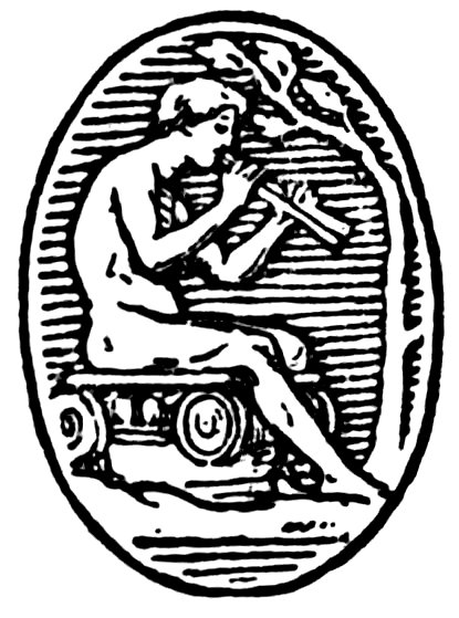 A black-and-white oval illustration of a seated nude figure resting on a stone bench, leaning forward and playing a flute beneath a tree, rendered in a classical woodcut style.