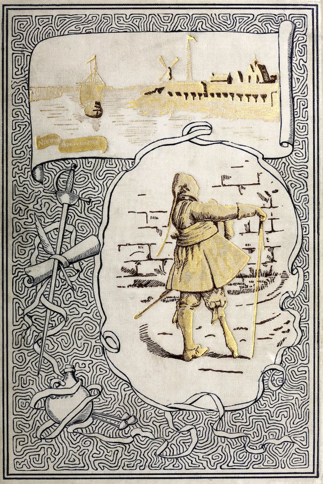 Ornate illustrated book cover with harbor scene and a seventeenth-century Dutch figure