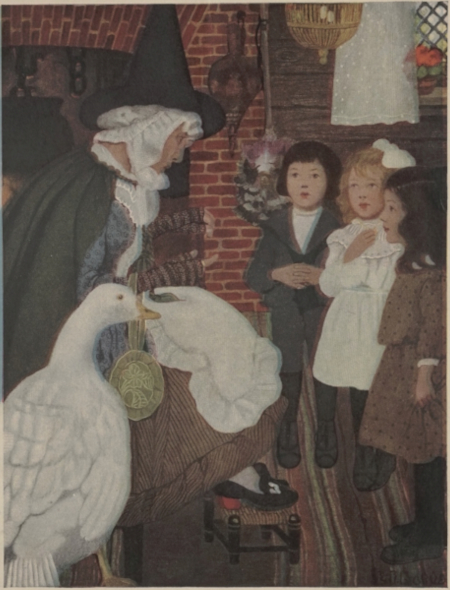 Three children standing before a witch-like   woman, accompanied by a goose
