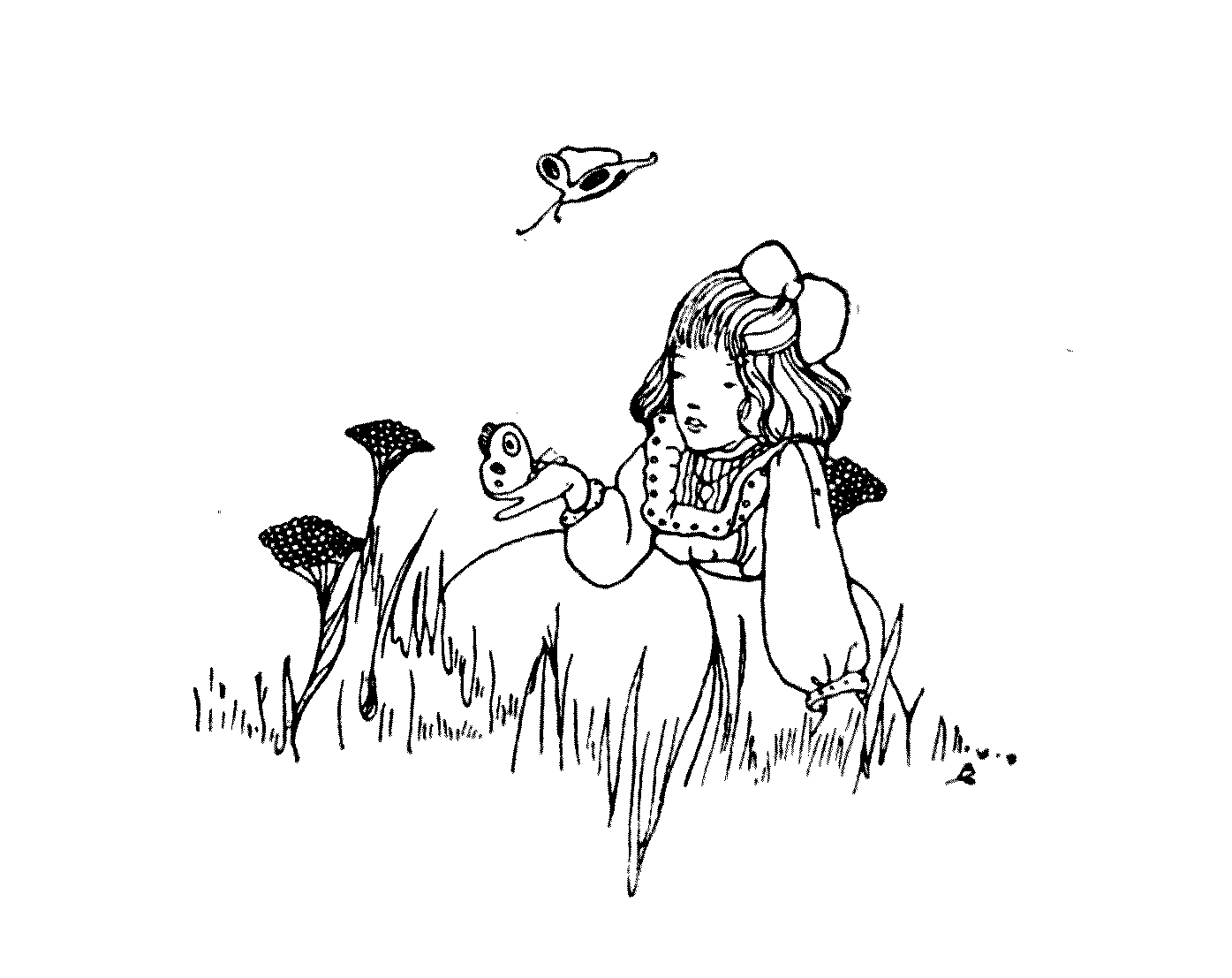 girl sitting in the grass with some flowers and butterflies