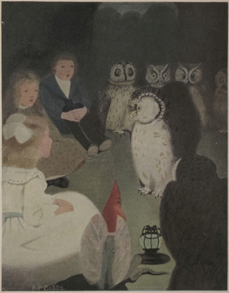 three children, some owls and an elf, seated around a lamp