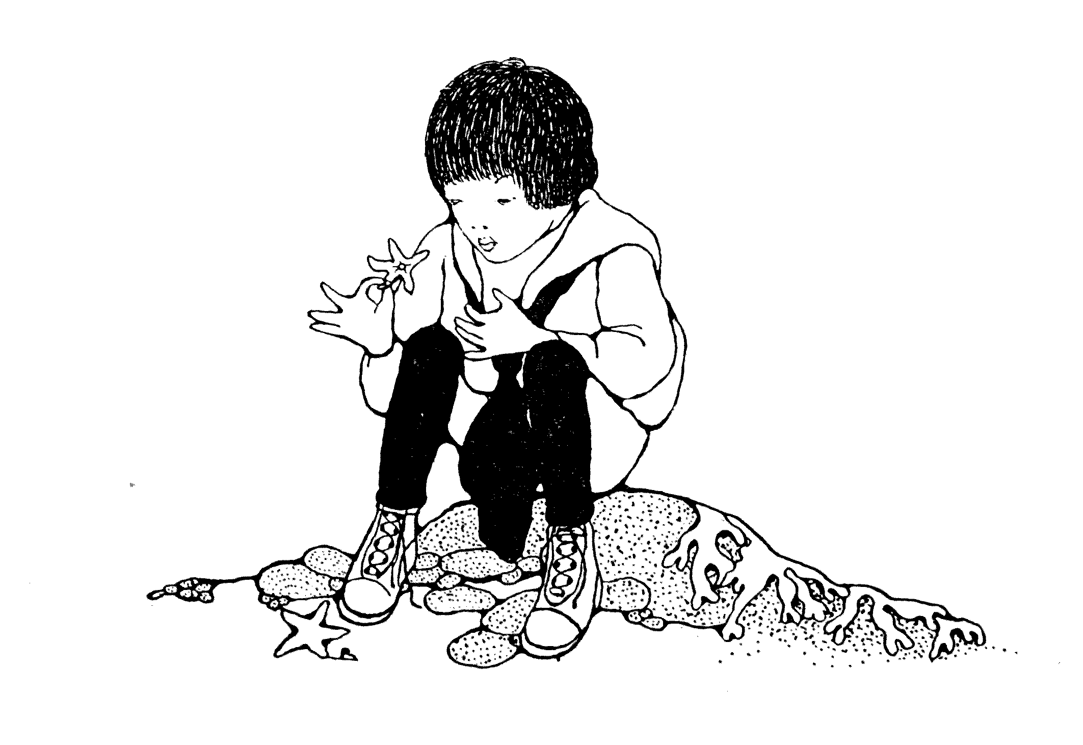 child playing with starfish