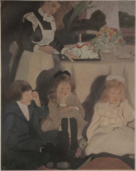 three children sitting in a room on the floor while a servant is preparing food