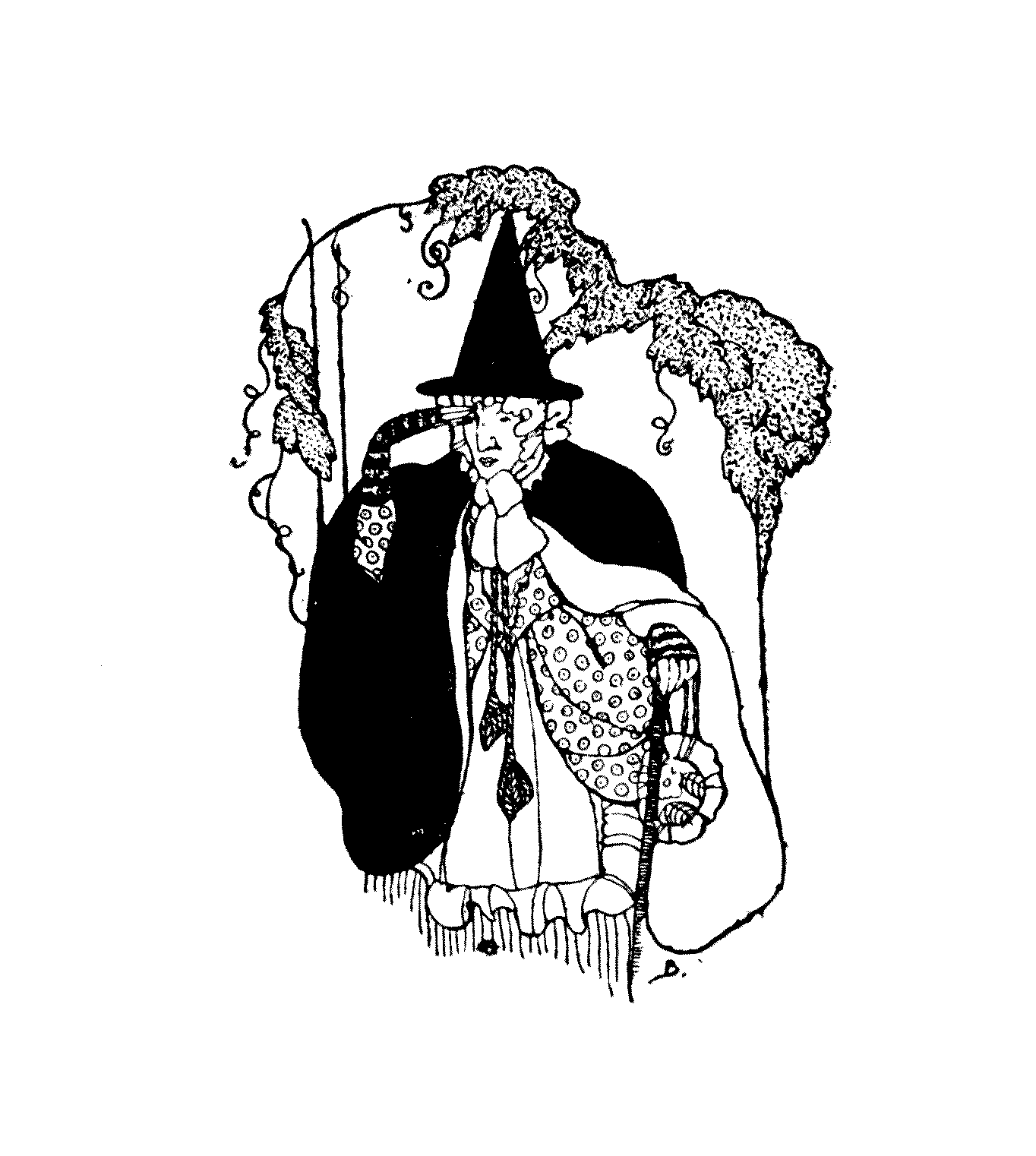 woman, wearing a cloak and a pointed hat