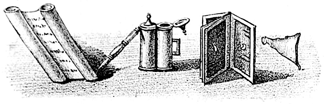 Ancient implements of writing: scroll, ink, book