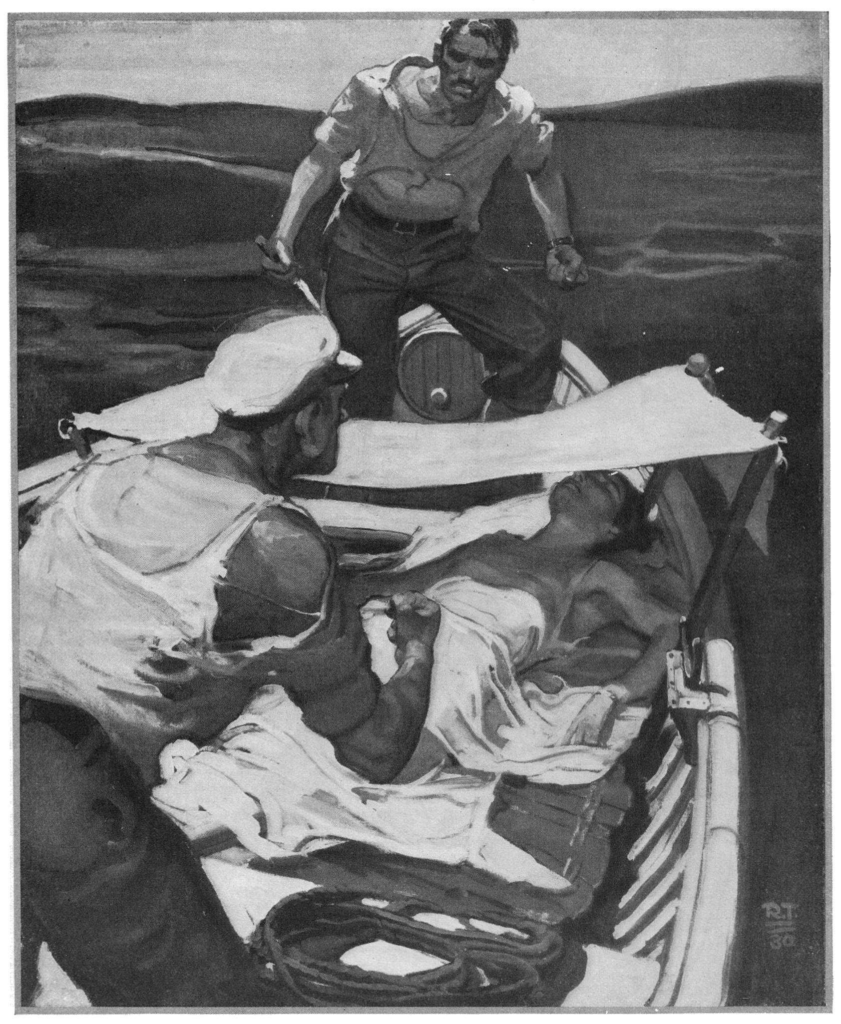 two men and a woman on a lifeboat