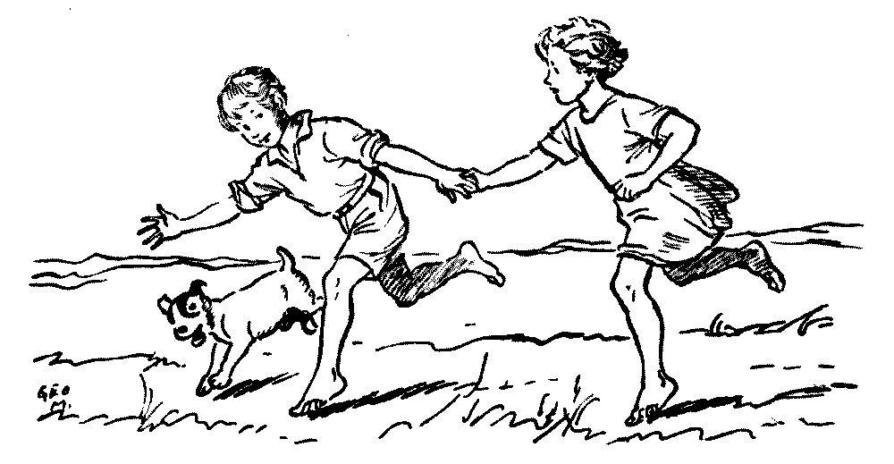 A drawing of a boy a girl running while holding hans, with a dog to the right of the boy.