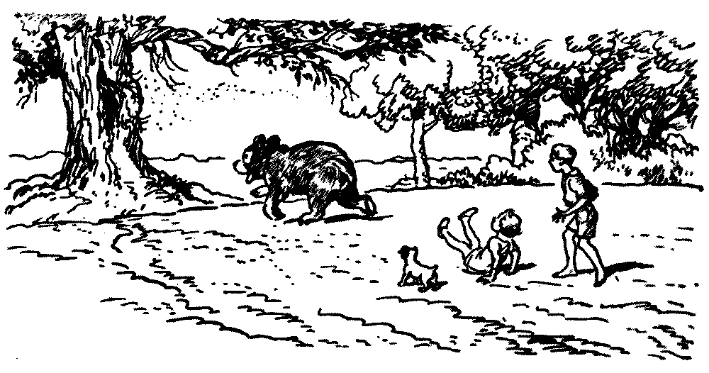 A drawing of a boy a girl watching as a bear walks away, the boy has fallen to the ground and is next to a dog.