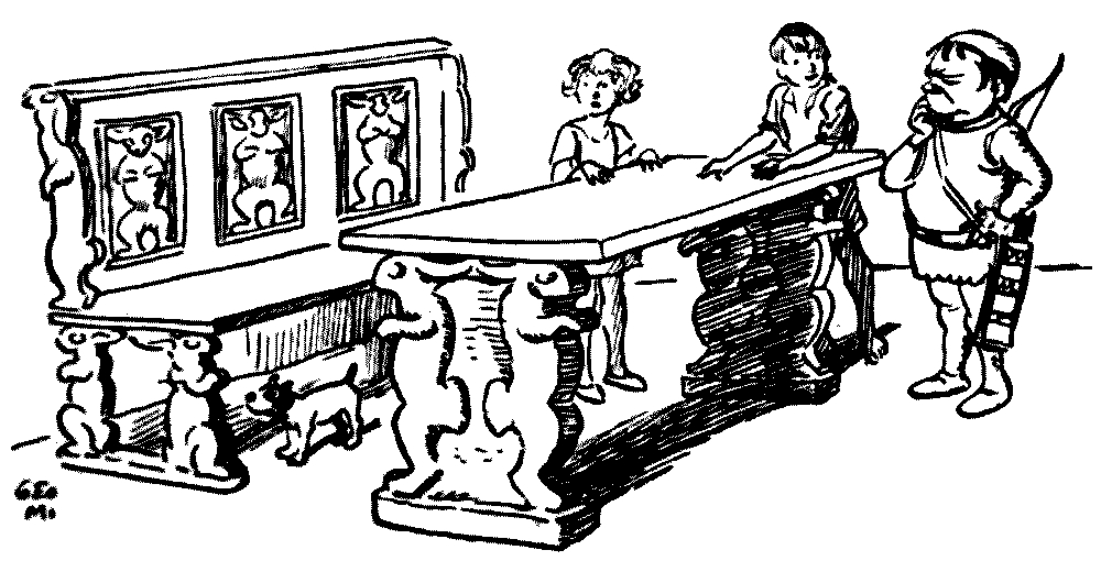 A drawing of two children and a snerg looking a very large table.