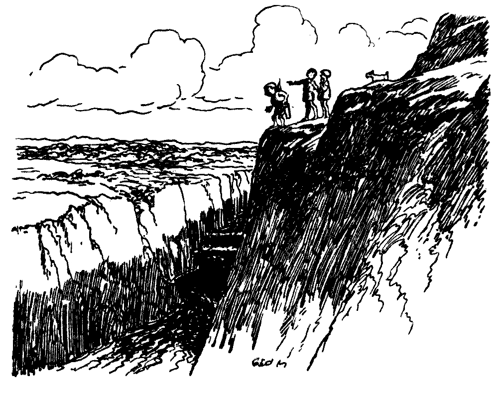 A drawing of two children and a snerg looking down on a valley.