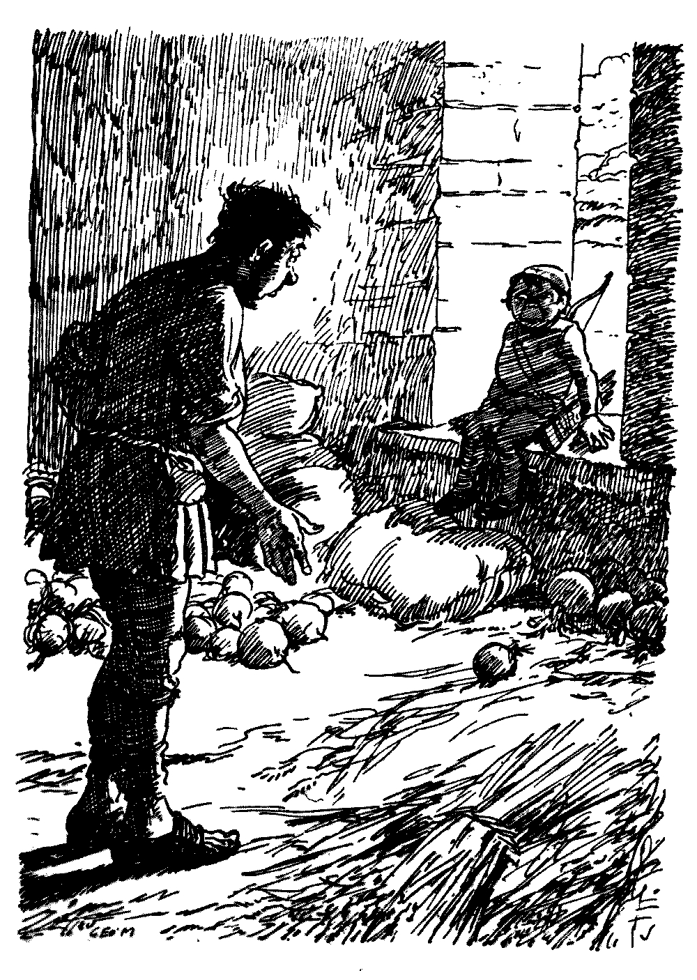 A drawing of a snerg sitting on a window pane and looking at a man.