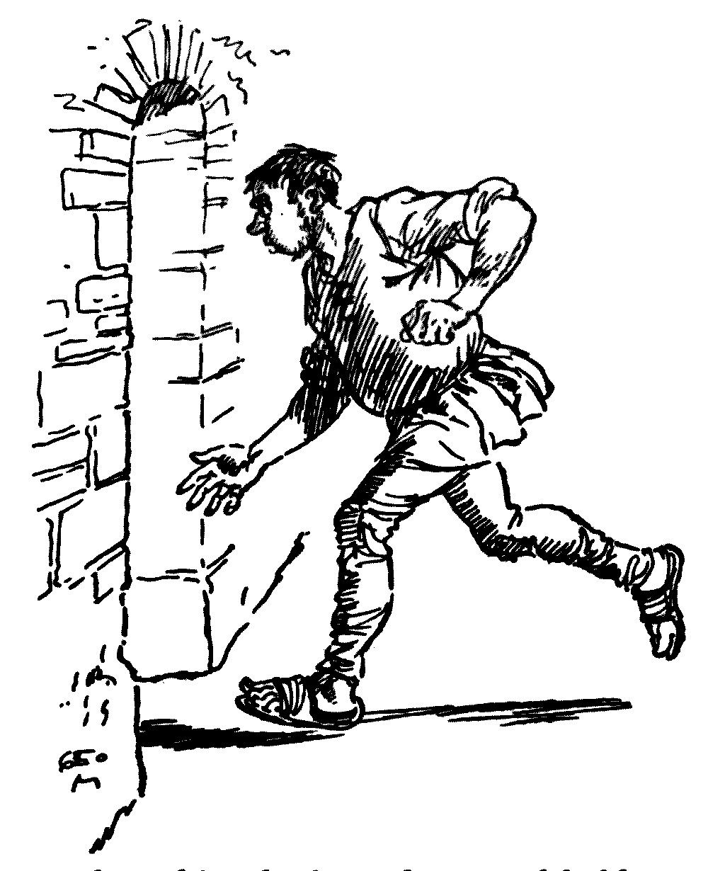 A drawing of a man running towards a door.