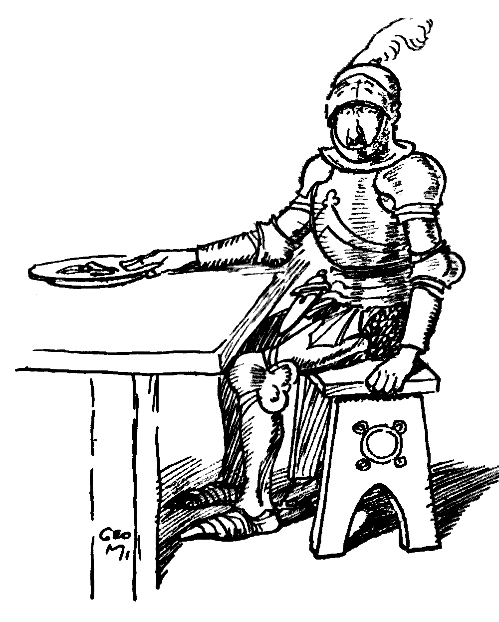 A drawing of a knight with his visor raised sitting at a table.