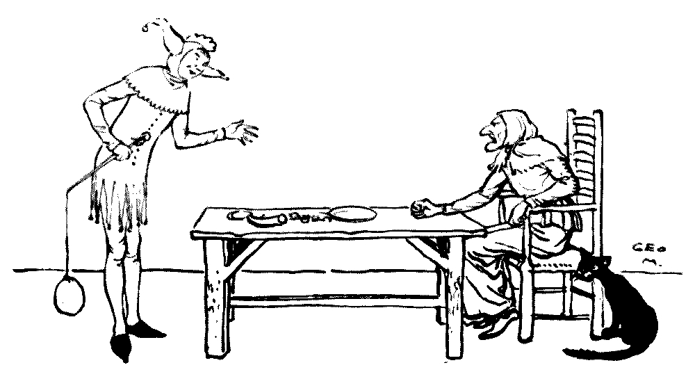 A drawing of a jester in front of a table opposite to an old woman.