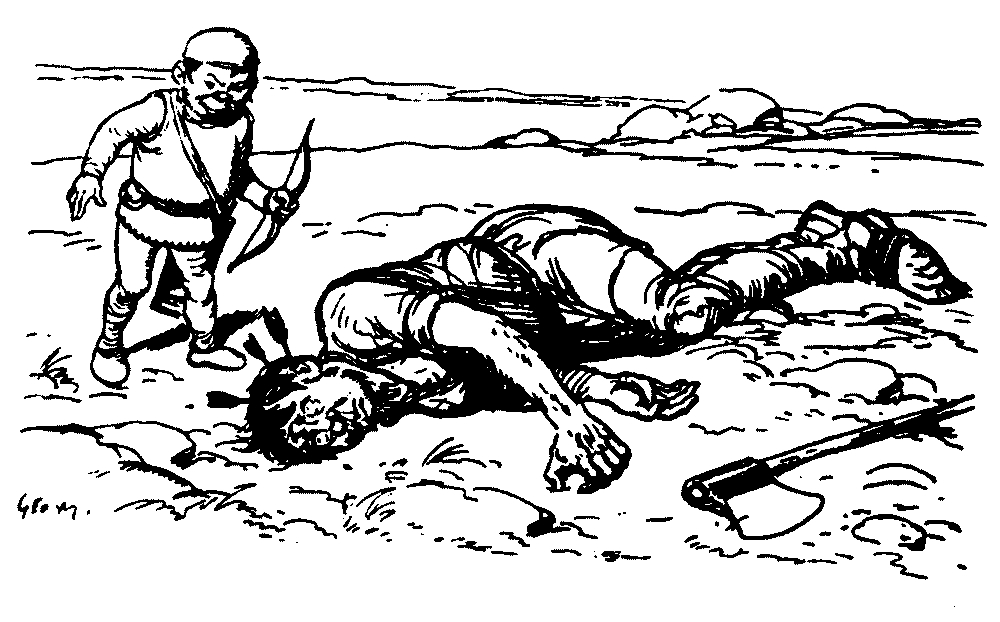 A drawing of a snerg with a bow looking at a downed man with arrows on his head.
