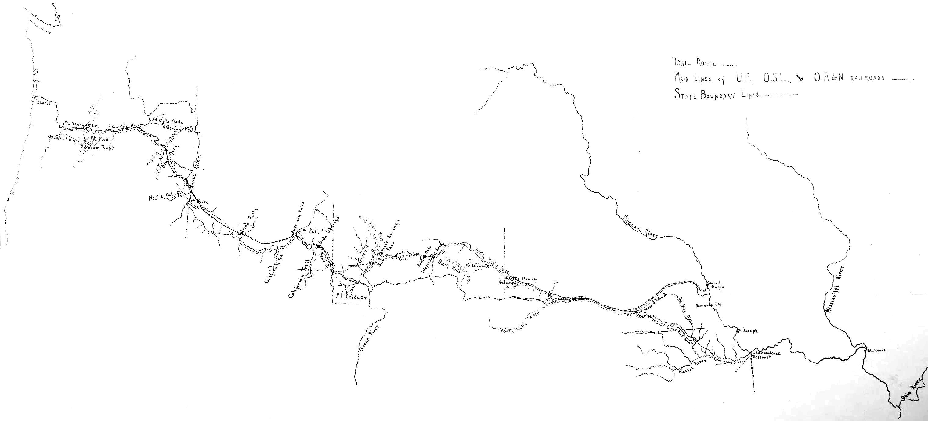 Faint hand-drawn map of Oregon showing early trail routes and transportation lines across the state, with rivers and small place labels.