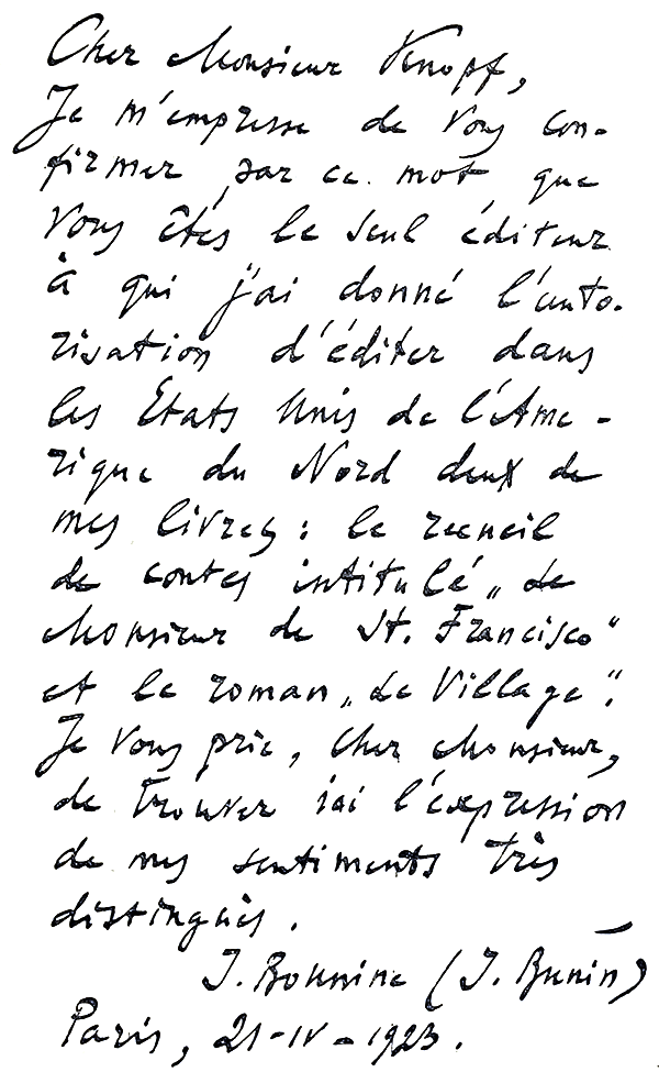 Handwritten letter, in French, by the author to the publisher. The English translation is on page 6.