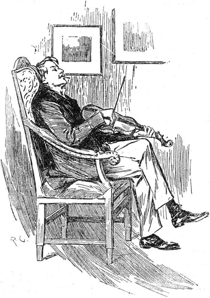 Sherlock Holmes sitzt in   Gedanken versunken in seinem Sessel und spielt Violine