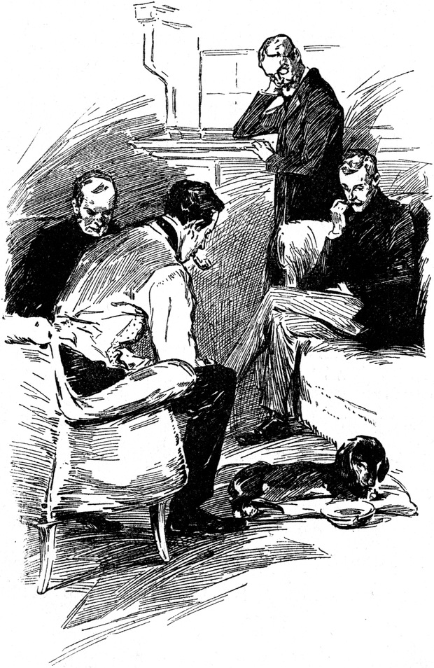 Holmes, Watson und   Lestrade beobachten den Hund