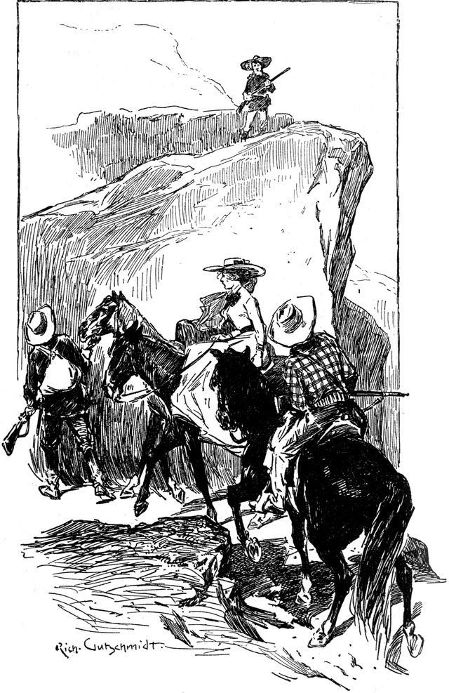 Die Flüchtenden passieren   den Wächter, der mit seinem Gewehr im Arm auf einem Felsen steht