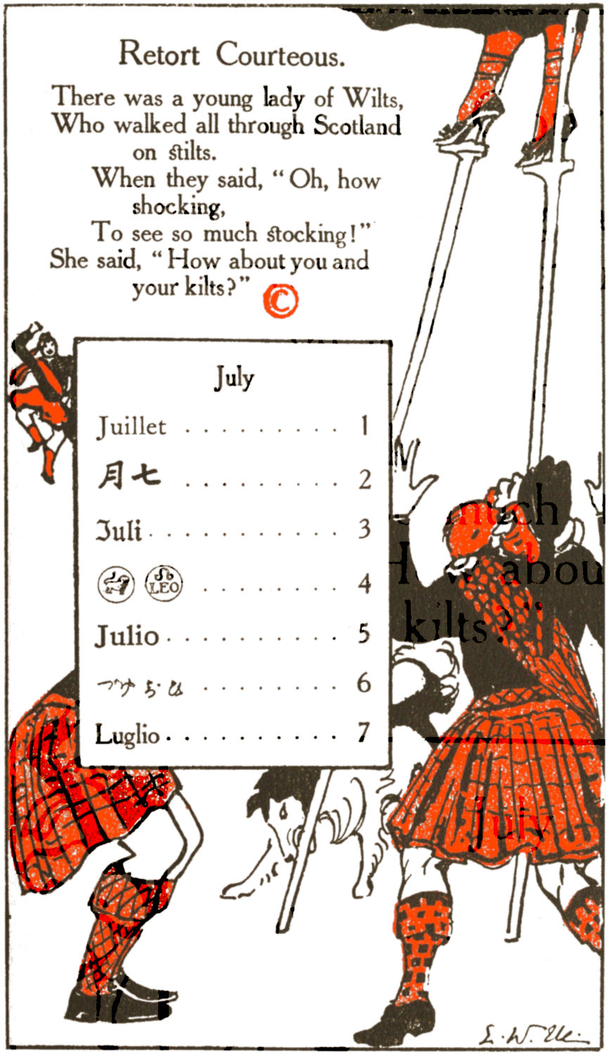 Scotsmen lokking at lady on stilts