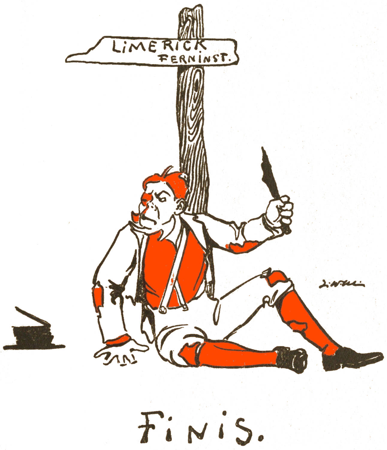 Down-and-out poet at signpost