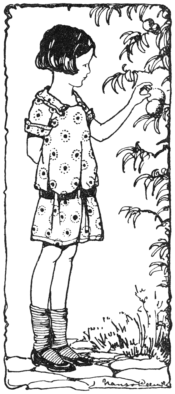 Terwijl ze daar zoo stond, viel haar oog op den perzikboom waaraan een massa prachtige perziken zaten.