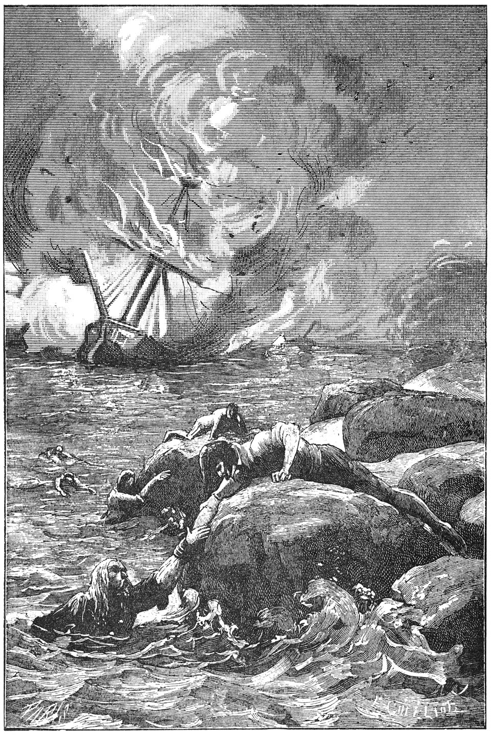 Slechts aan enkele personen waaronder de Onder-Koning, gelukte het, half dood van vermoeienis en uitputting, het Houtduifeiland te bereiken.—Blz. 220.