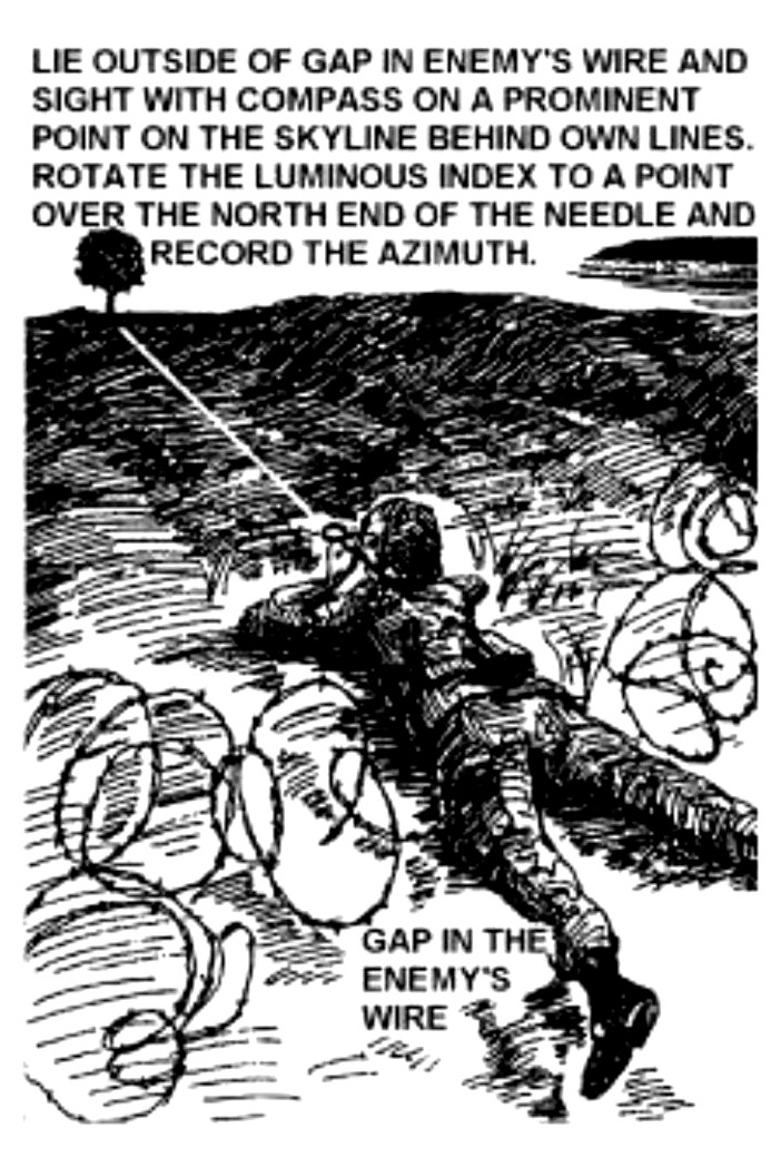 Sketch of a soldier lying prone on the ground in a gap between sections of enemy wire on either side. He aims the sight of the compass on a prominent point on the skyline behind his own lines. He rotates the luminous index to a point over the north end of the needle and records the azimuth.