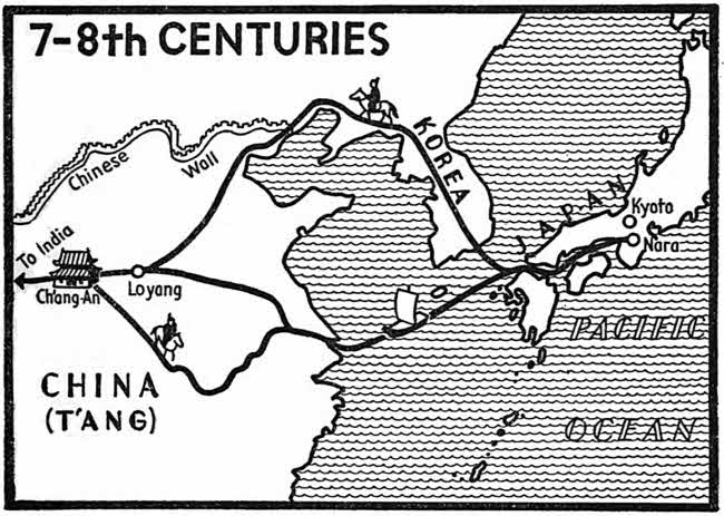 This map shows Japan interacted with the mainland both through Korea and directly to T’ang China.