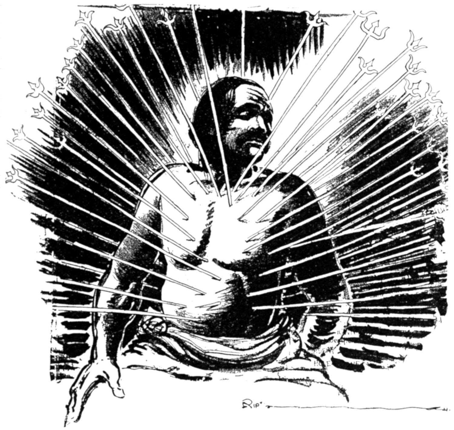 Man with fifty spears stuck into his flesh