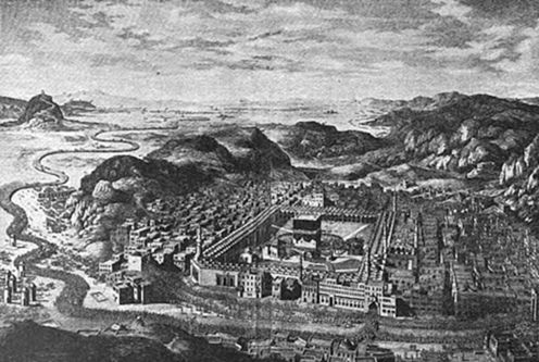 A vintage engraving of a panoramic view of Mecca, showing the Grand Mosque with the Kaaba at its centre, surrounded by the dense city, mountains, and a valley — likely from a 18th or 19th-century European publication.