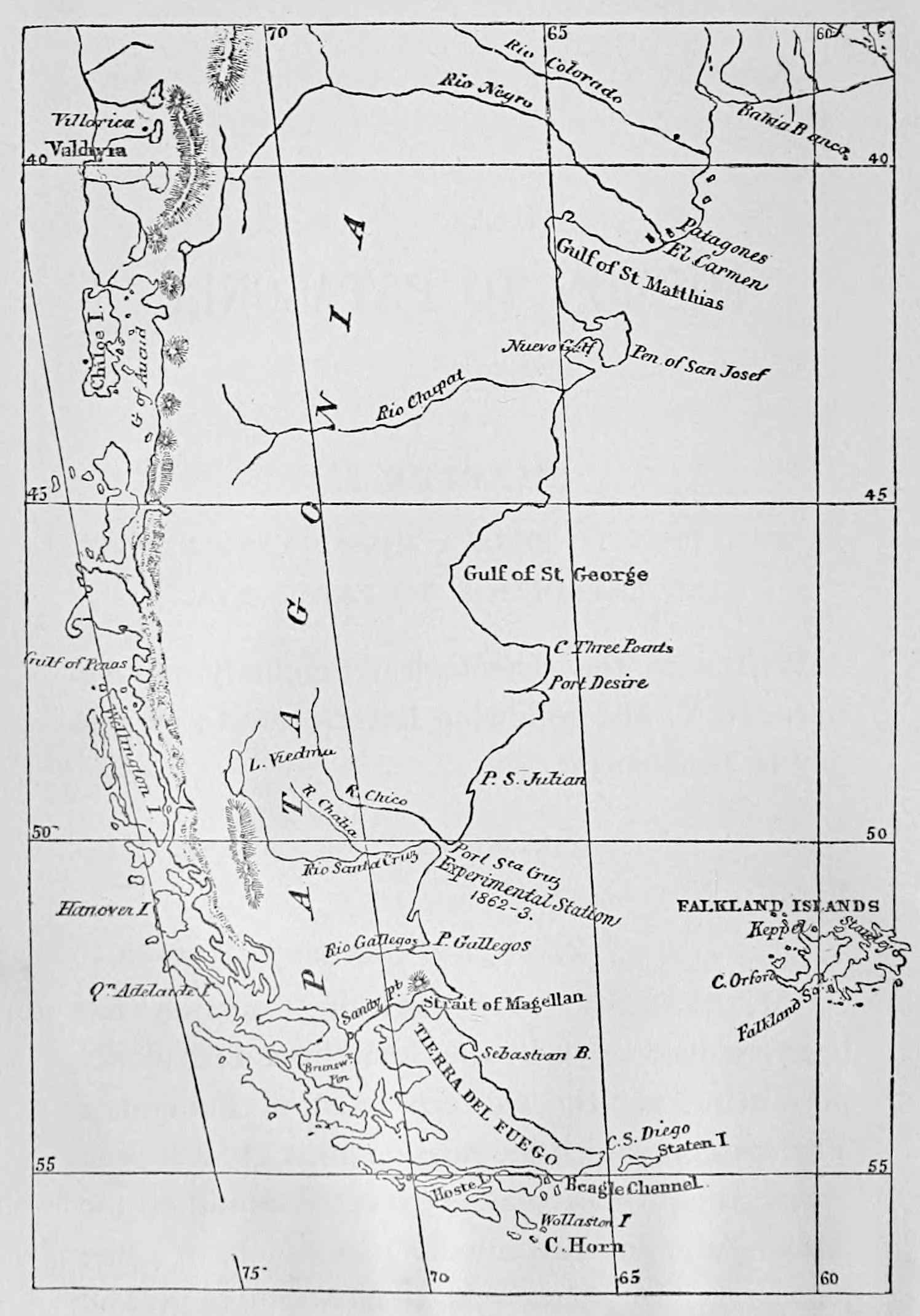 Labeled Map of Patagonia, including the Falkland Islands