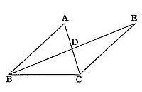 Two overlapping triangles, ABC on the left with interior point D, and a larger triangle extending to E on the right, their sides crossing at D, illustrating a proposition about overlapping or congruent triangles.