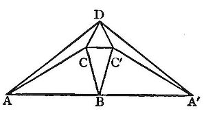 Symmetric diagram with baseline AA', apex D above, and central point B on the base. Inner points C and C' form a small diamond shape, with multiple lines radiating from D and B, illustrating a proposition about symmetric or mirror triangles.