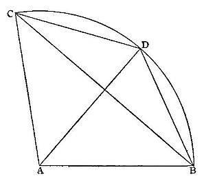 Quadrilateral CABD with crossing diagonals, plus two arcs between C and D and between D and B, illustrating a proposition about a quadrilateral, its diagonals, and the circular arcs connecting its vertices.