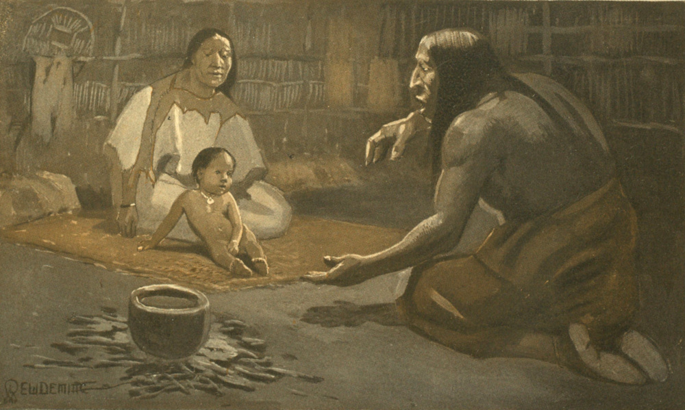 Watercolor in shades of brown and grey set inside a wigwam. To the right is an Indian man sitting on his knees with his left hand extended. A small pot sits on top of a low fire in the lower left corner. Opposite the man, sitting cross-legged on a blanket, is an Indian woman. She is looking down at a small child, seated in front of her. The child, wearing only a necklace, looks at the man.