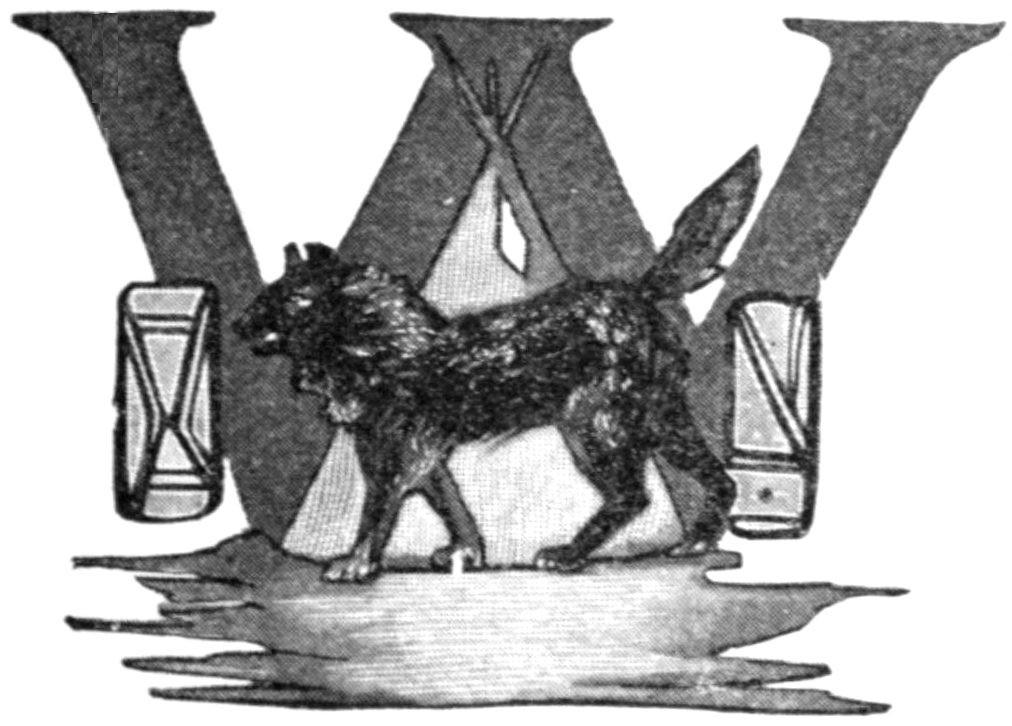 Sketch illustrating the letter W. The interior arch of the W is formed by a wigwam. The profile of a wolf, facing left, is superimposed over the bottom half of the letter and wigwam. On each side of the letter is a sketch of a papoose cradle board. This sketch is used as an illustrated capital letter to the beginning of the poem.