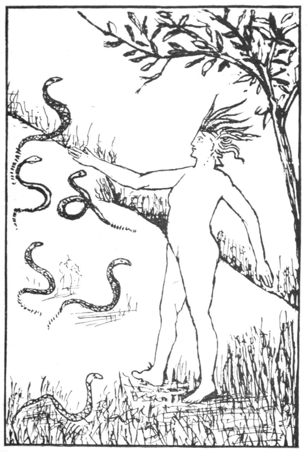 Sketch of a man, facing left, at the base of a hill. Behind him, a tree extends up the right side of the image to the top. The man has his right foot and right hand extended forward. Six rattlesnakes curled in various positions are on the ground at is feet and on the side of the hill.