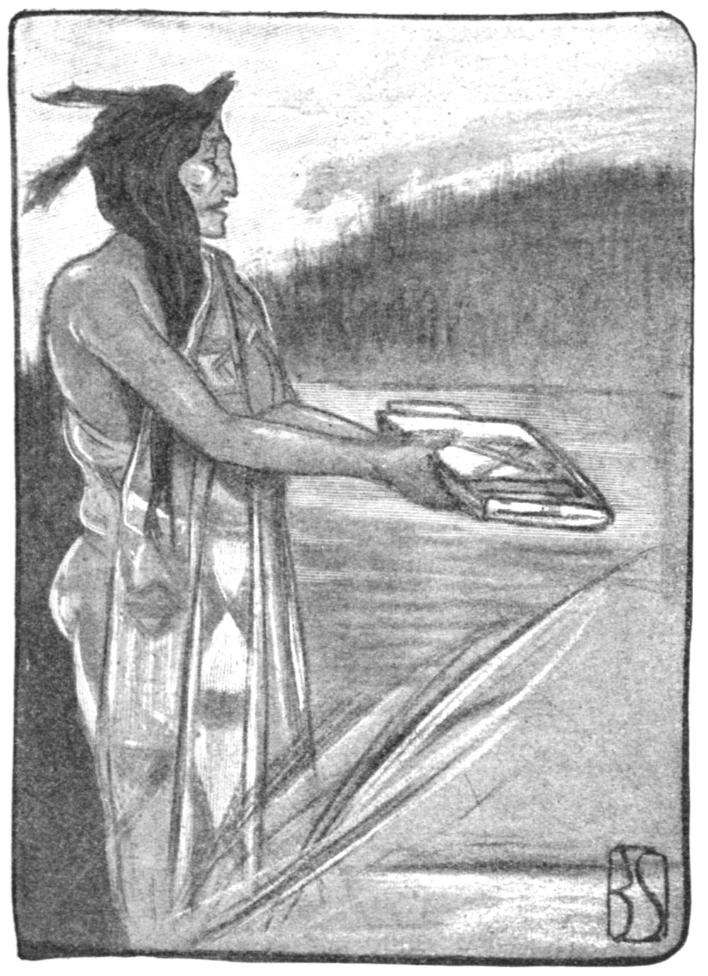 This is a half-tone black and white sketch. An Indian man stands on the left side facing right. He has two feathers in his hair and a robe draped over his left shoulder.  Both hands are extended, holding a flat package. The background is indistinct, with a hilside in the distance.