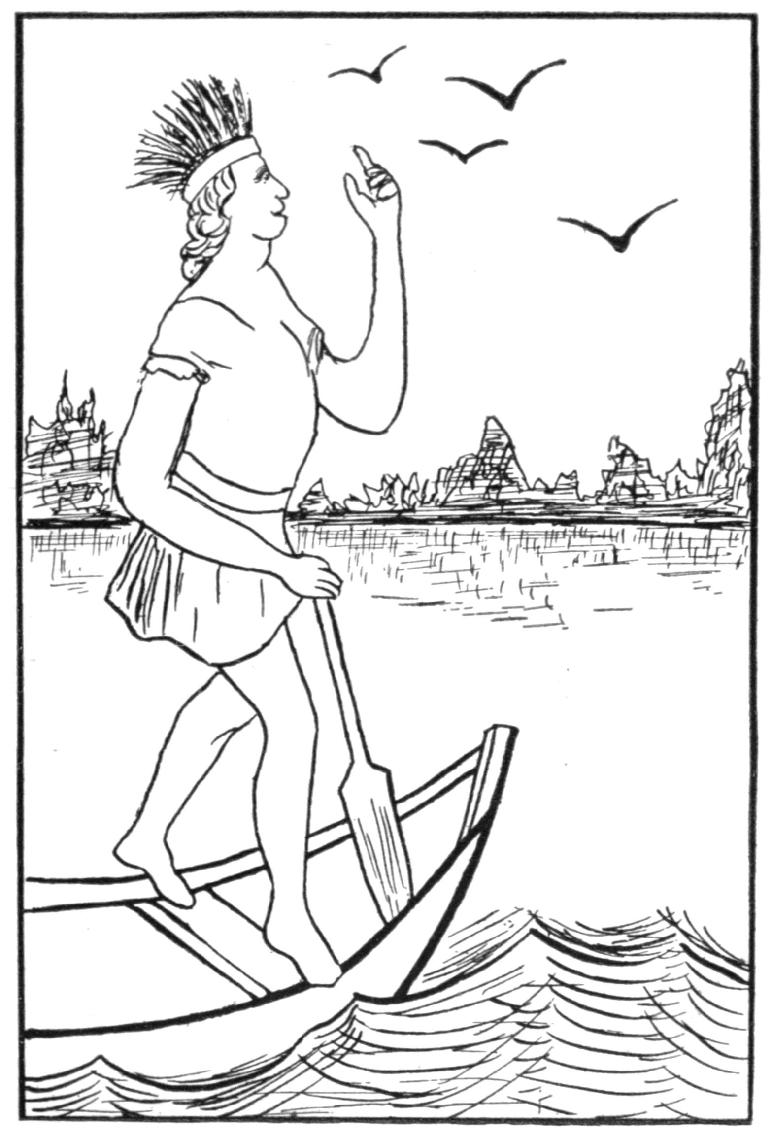 This is a black and white sketch of Kulóskap standing in the front of a canoe on the water. His left hand is extended upwards, and he holds a canoe paddle in his right hand. An indistinct shoreline crosses the image midway. In the sky are four curled V's representing loons.