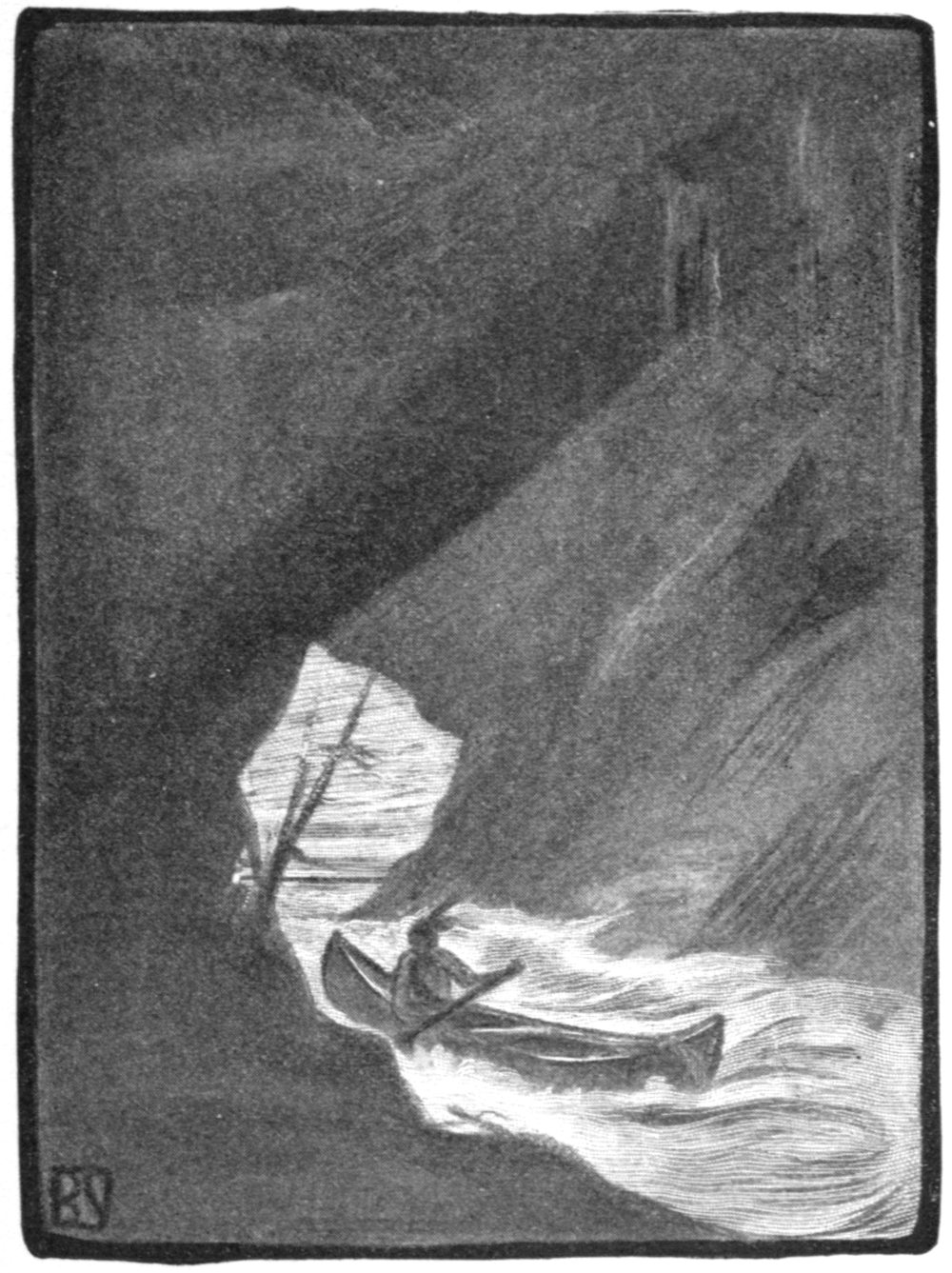 Black and white half-tone sketch of a dark cavern. Near the bottom, an Indian in a canoe negotiates swirling water inside the entrance to the cavern.