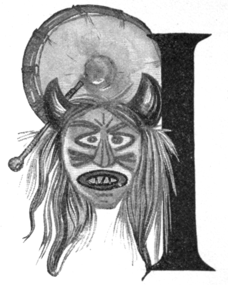 Half-tone black and white sketch of an Indian drum and drum stick above a war mask with horns, painted face and long hair. Running the length of the right side of the sketch is the letter I. This sketch is used as an illustrated capital letter to the beginning of the poem.