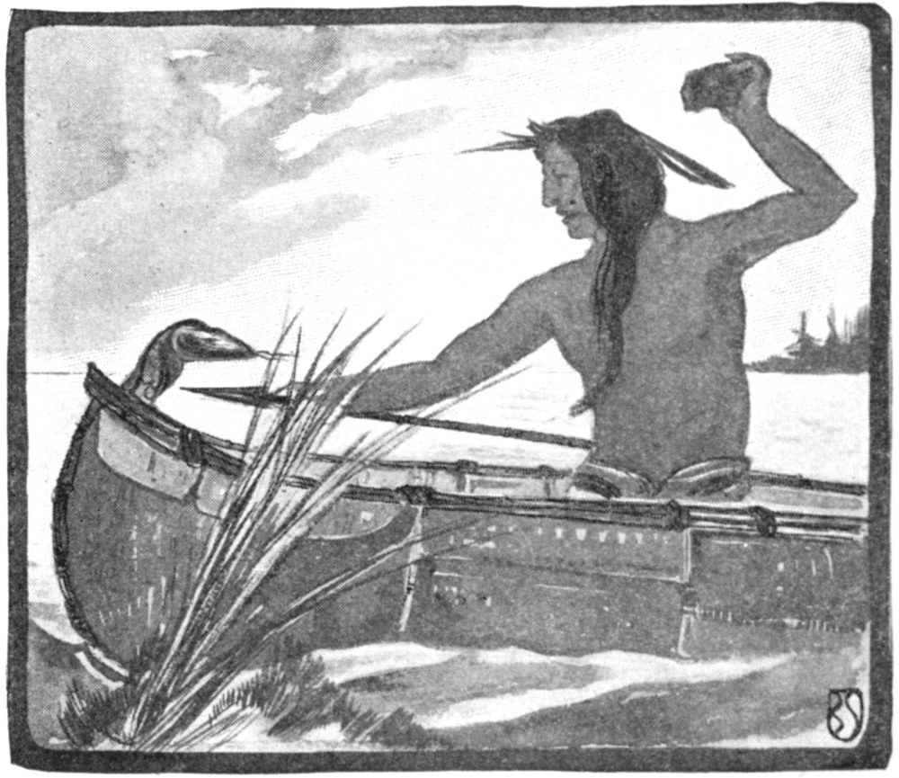 Half-tone black and white sketch of an Indian man seated in a canoe. He holds a rock over his head in his left hand. His right hand holds a spear just behind the spear point, and it is aimed at the throat of a serpent whose head appears at the prow of the canoe.