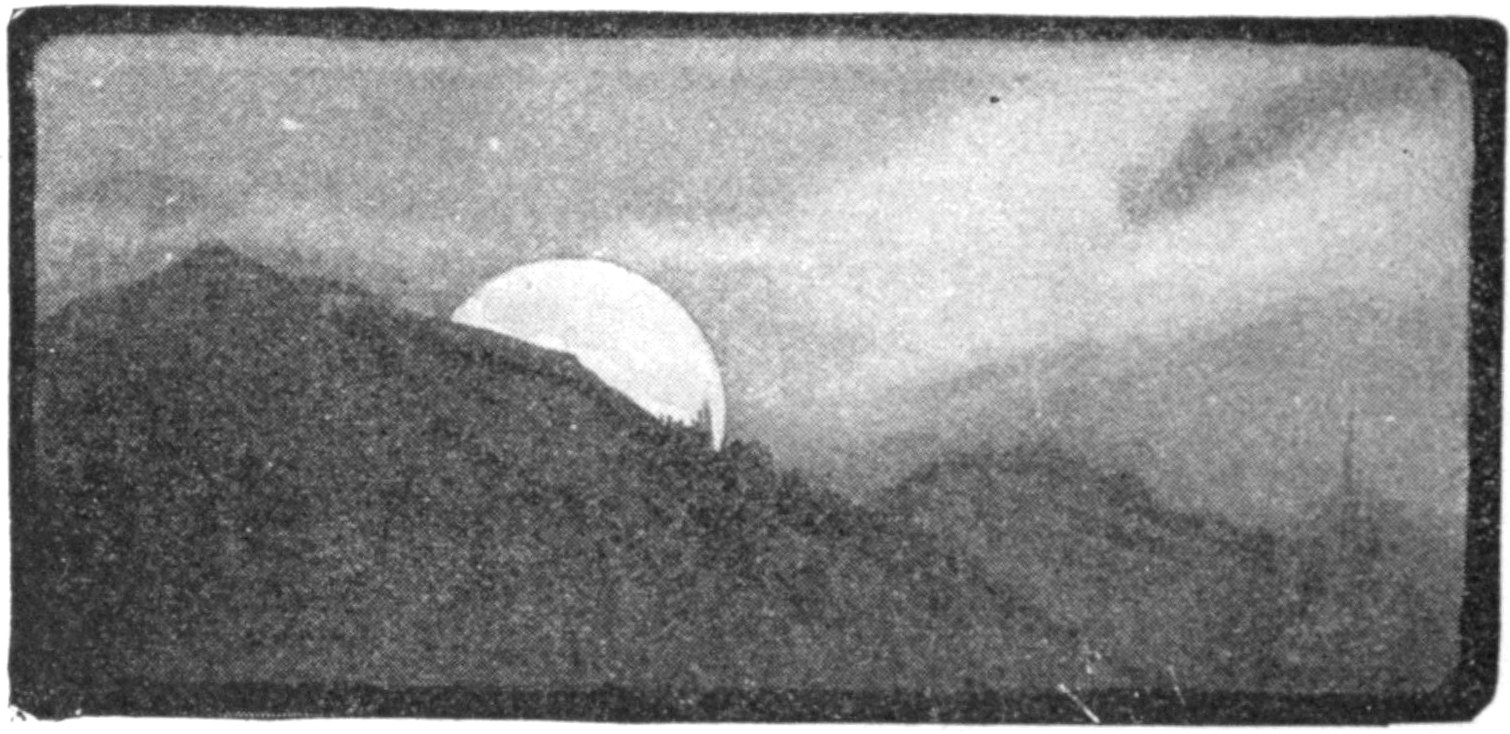 Half-tone black and white sketch of a full moon partially risen over a hillside.