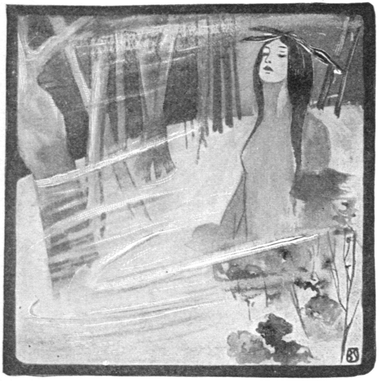 Half-tone black and white sketch of an Indian maiden walking through the woods at night. She has three feathers in her hair. White swirls on the page indicate the wind blowing around her. The lower half of her body is hidden by indistinct undergrowth.