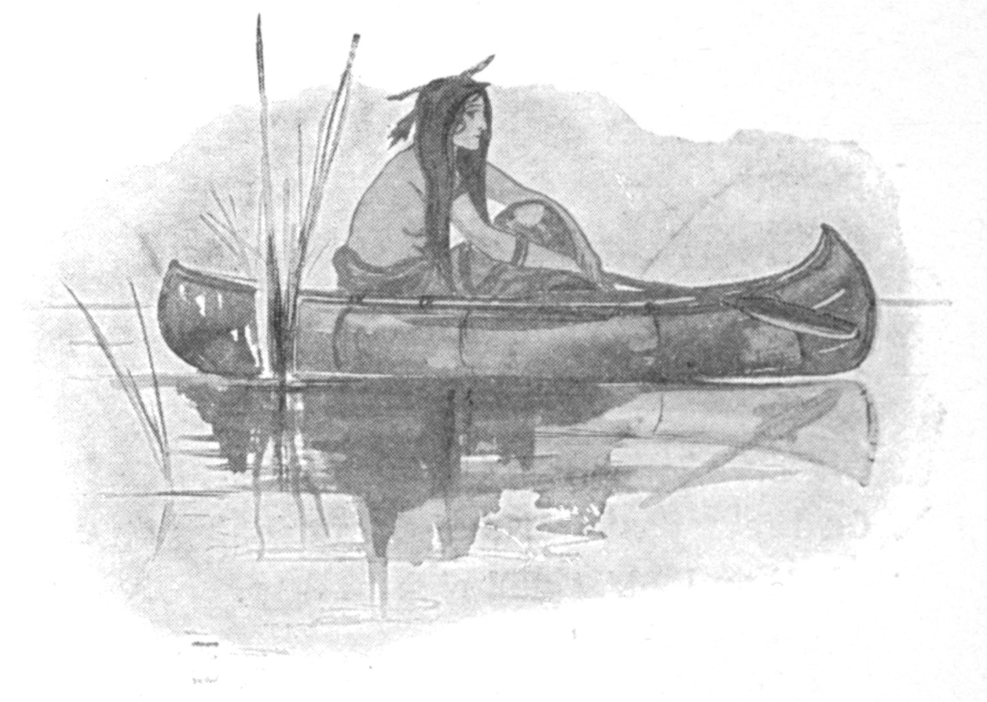 Half-tone black and white sketch of an Indian girl seated in a canoe in still waters, facing the right side of the sketch. A paddle is balanced across her leg and the front of the canoe. 
