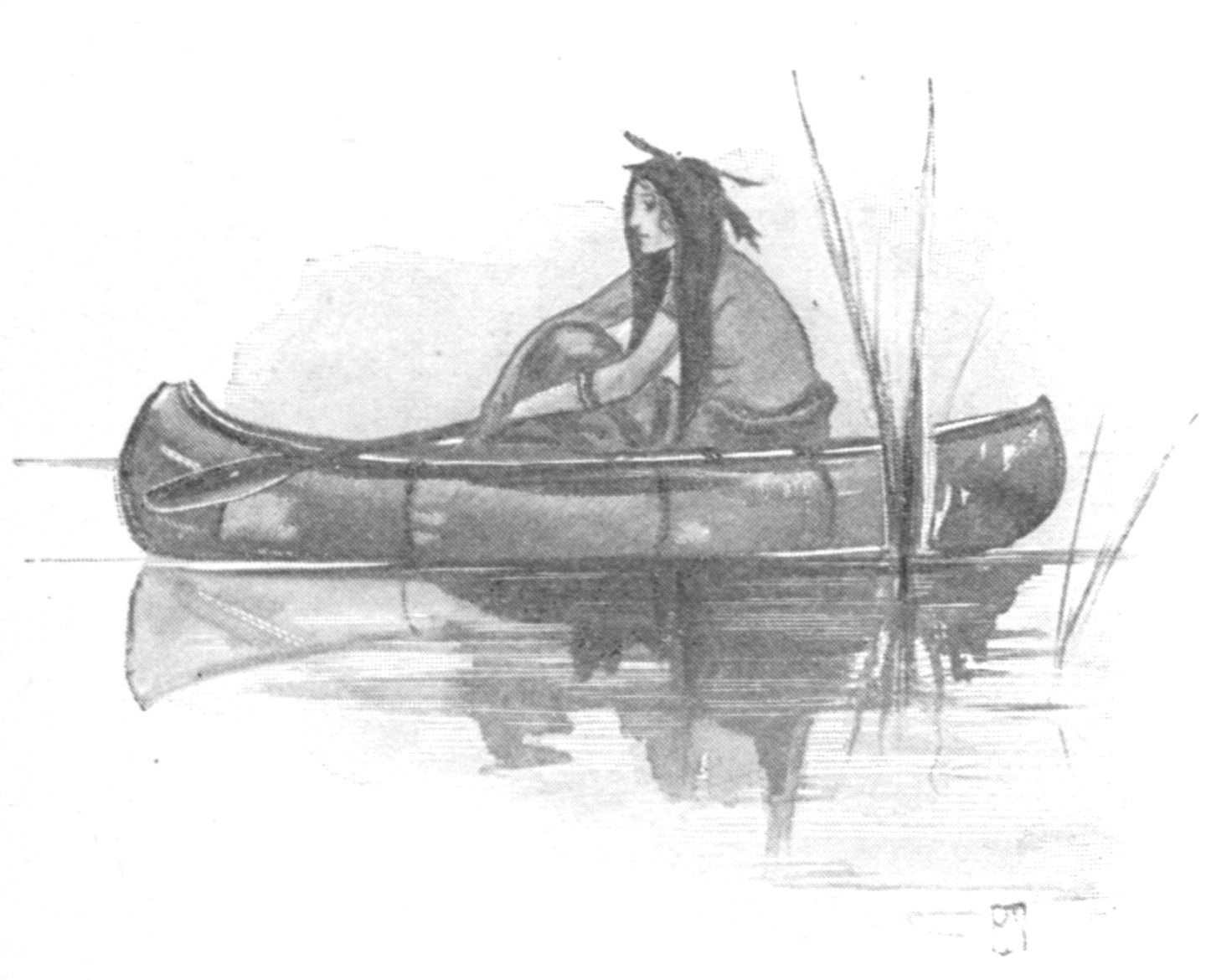 This is a mirror image of the prior illustration of an Indian girl seated in a canoe. In this sketch, she faces left.