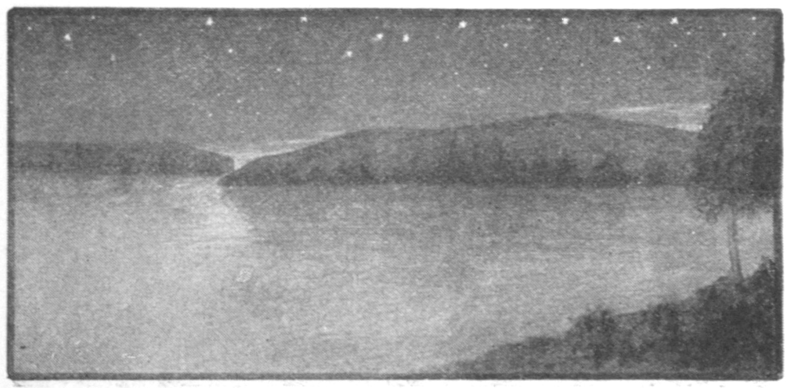 Half-tone black and white sketch of a lake at night. Stars dot the sky above hills in the background. Moonlight shines on the placid water. Indistinct vegetation and part of a tree are in the lower right corner of the sketch.