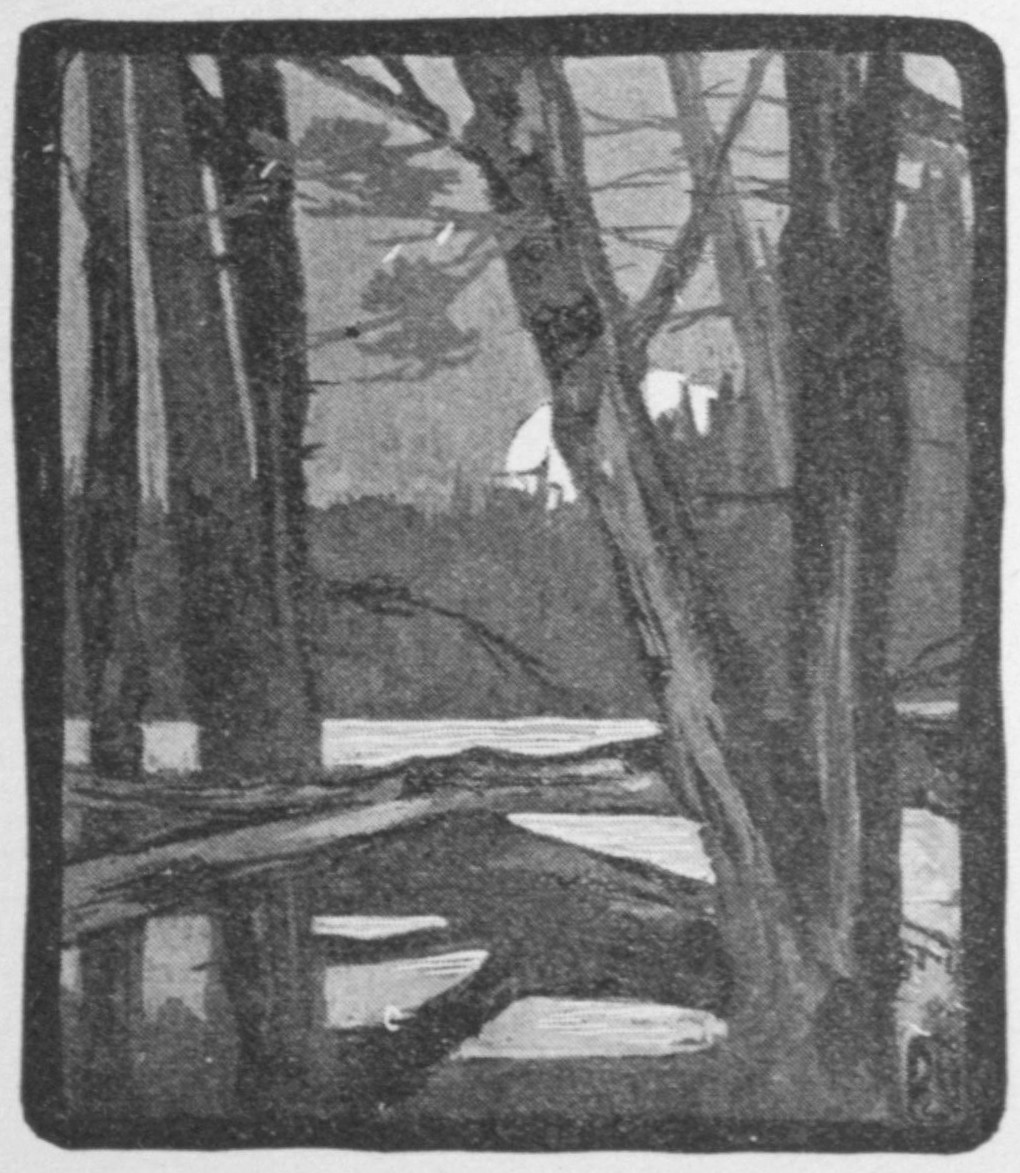 Half-tone black and white sketch. There are trees in the foreground, two of which have fallen to the ground. Behind the trees is an open area and in the distance a hillside. The moon is rising beyond the hills.